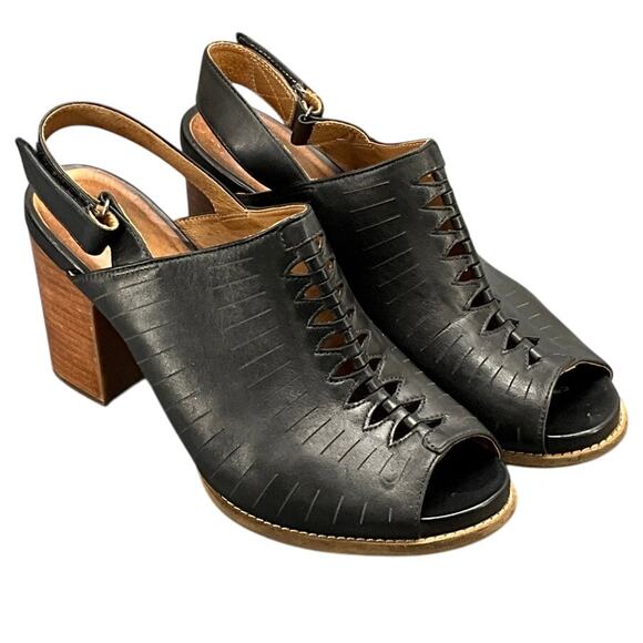 Clarks Artisan Briatta Slingback Black Leather Block-Heel Peep Toe Mule 10M - Picture 1 of 11